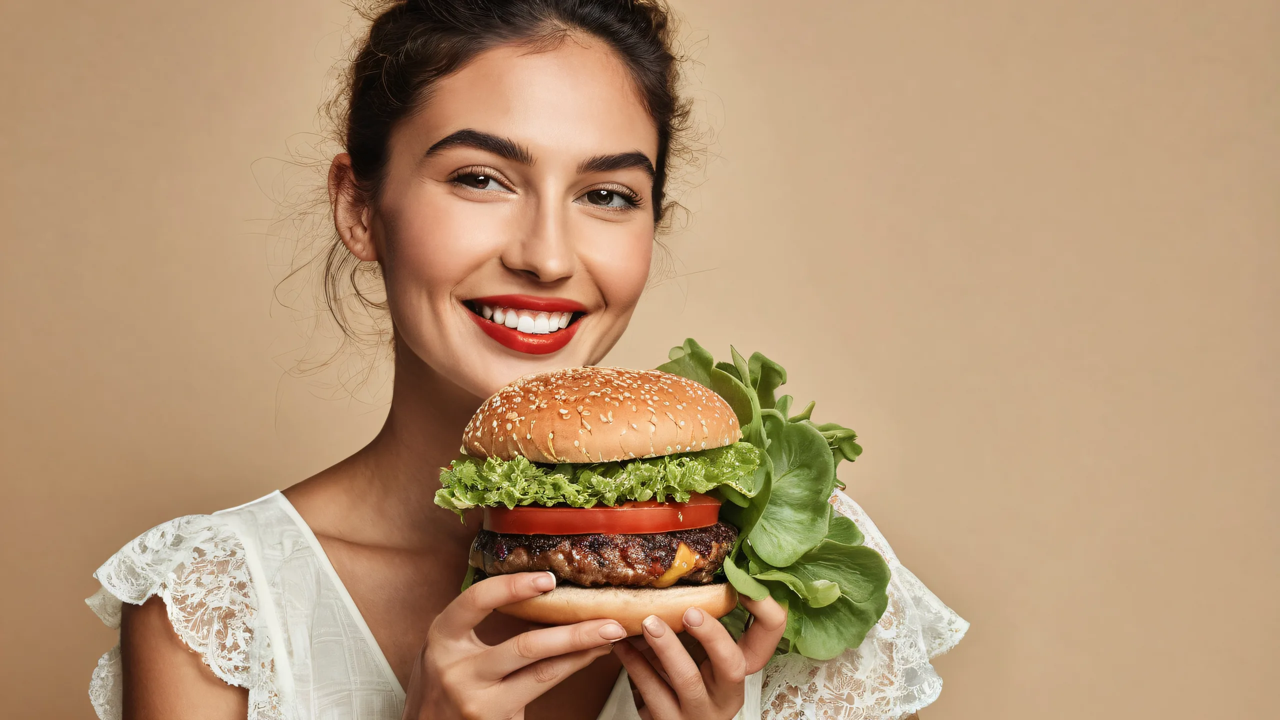 A succulent burger lady on a cream-colored studio background for desktop/pc use.