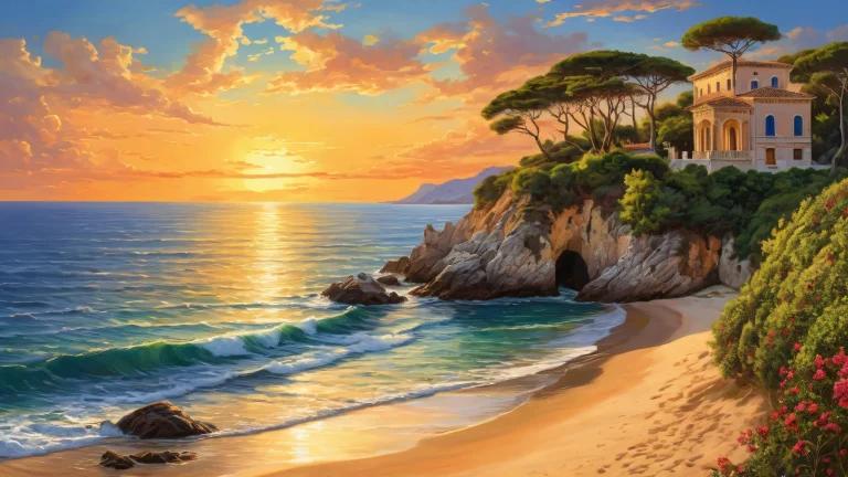 Coastal landscape with lush vegetation and intense sunlight for desktop/PC use.