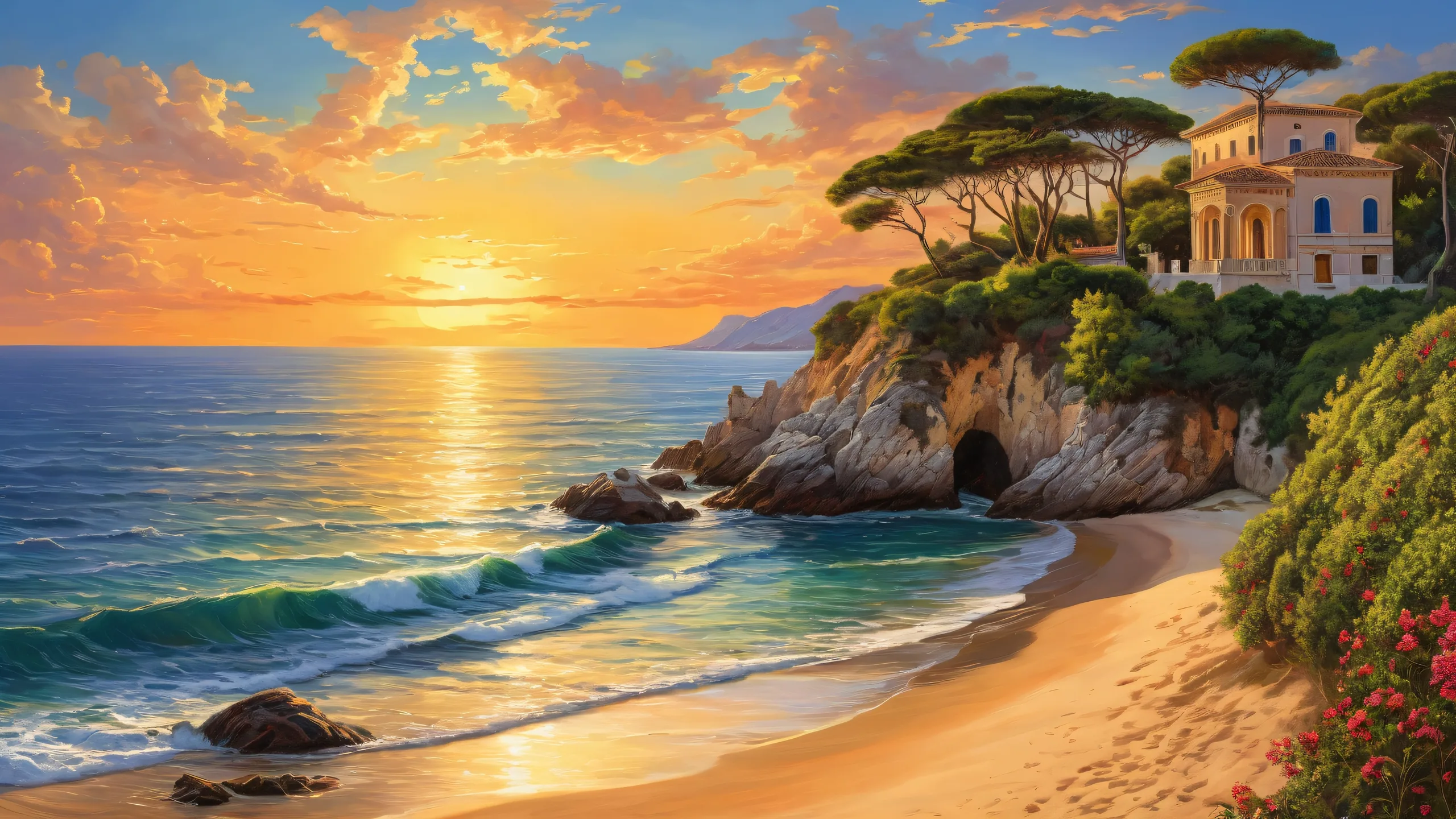 Coastal landscape with lush vegetation and intense sunlight for desktop/PC use.