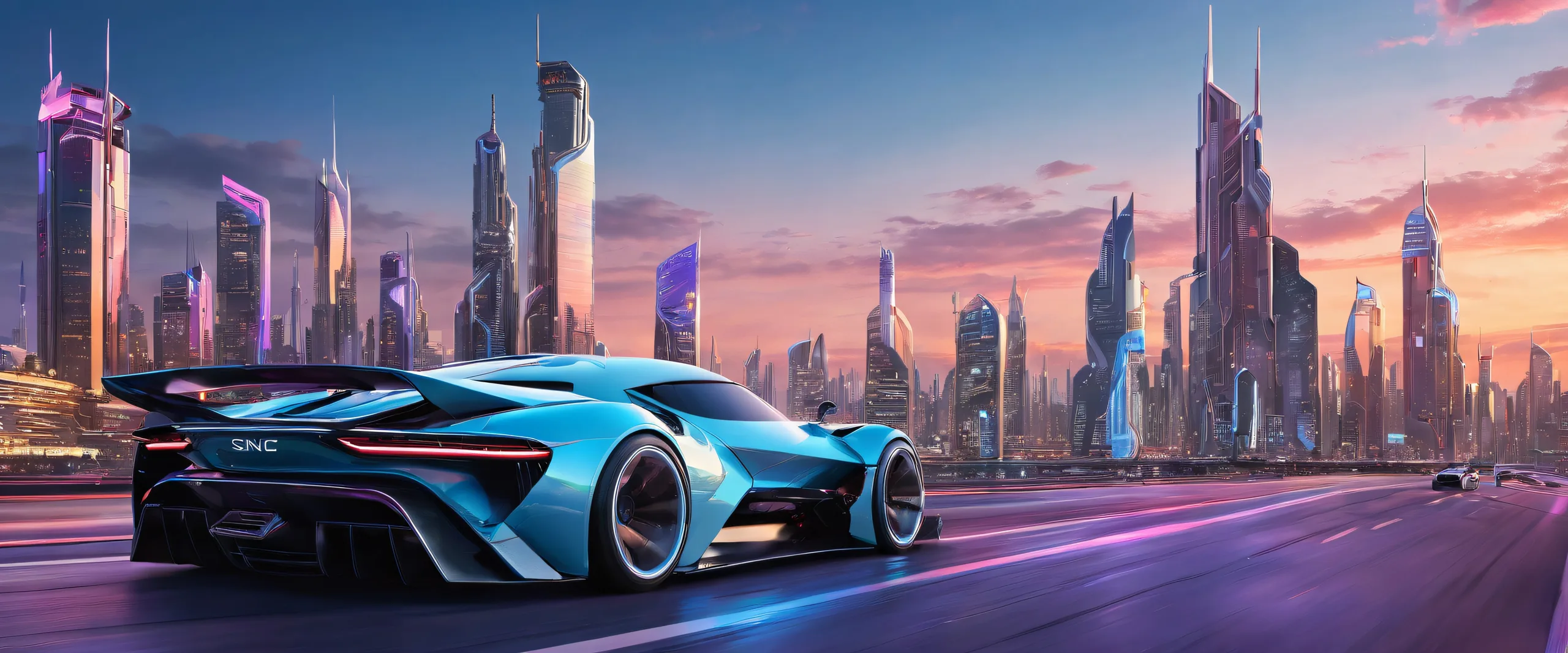 A futuristic cyberpunk cityscape at sundown on a perfectly clean desktop/pc background with extreme depth of field and ray-traced reflections.
