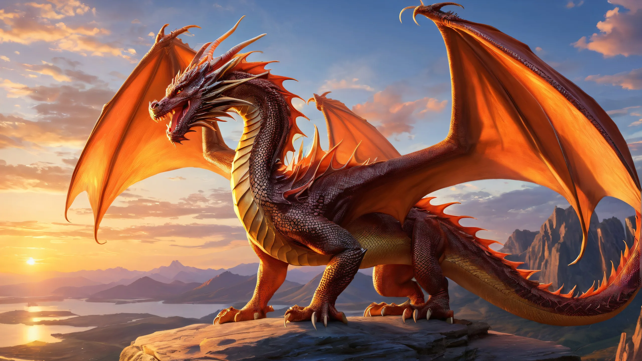Breathtaking desktop wallpaper of a dragon against a pure void background with a subtle sunset glow for PC or Desktop use.