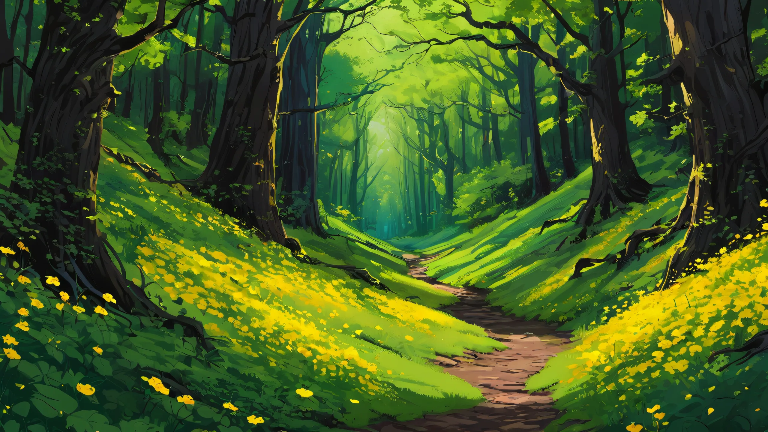 4K Sunlit Forest Path Escapes Desktop Background A serene and vibrant forest path on a desktop or PC, perfect for those who crave a connection with nature.