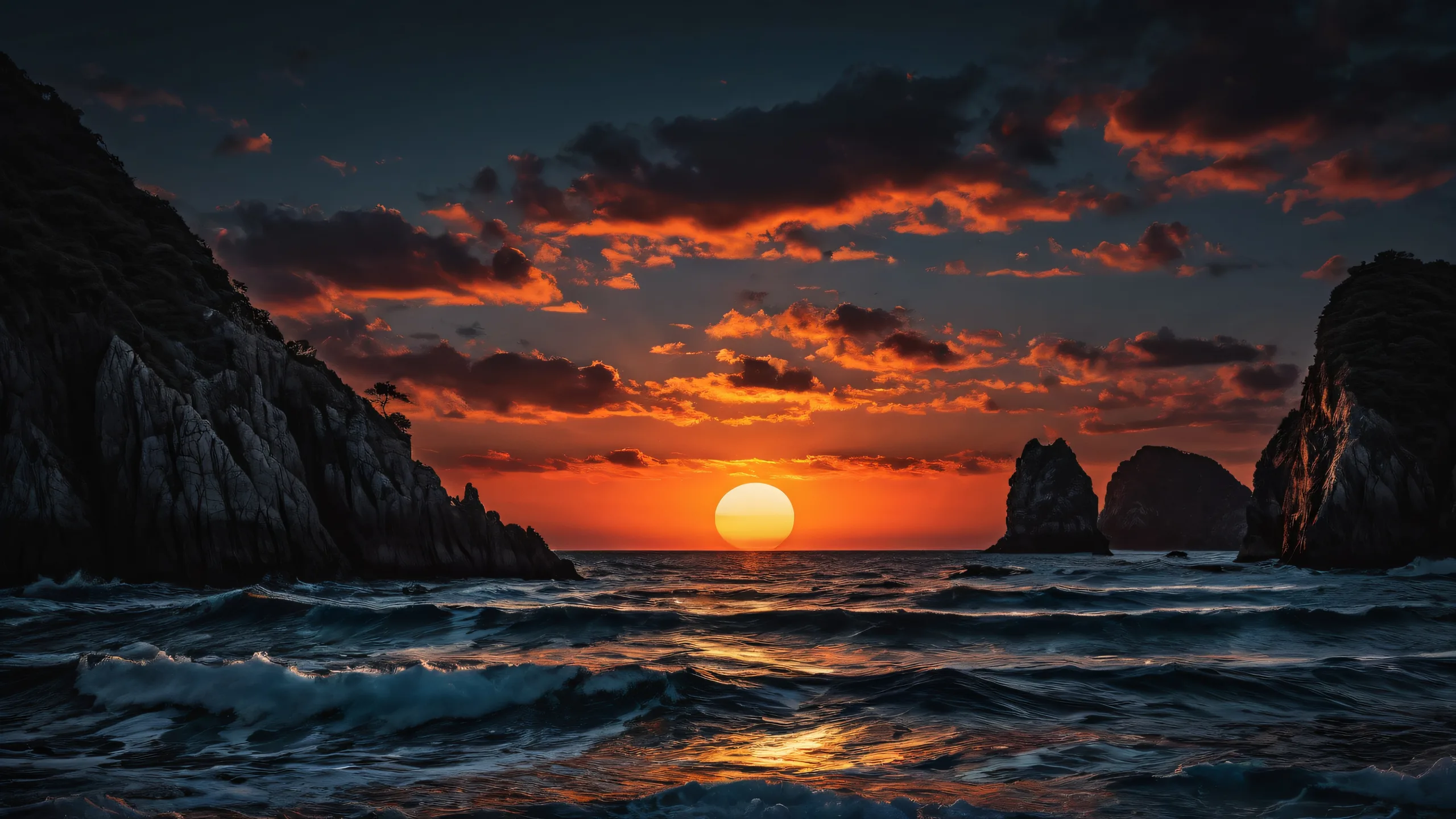 Serenity desktop wallpaper featuring a breathtaking sunset over the sea with deep blacks and luminescent accents for a calming atmosphere, suitable for Desktop/PC.