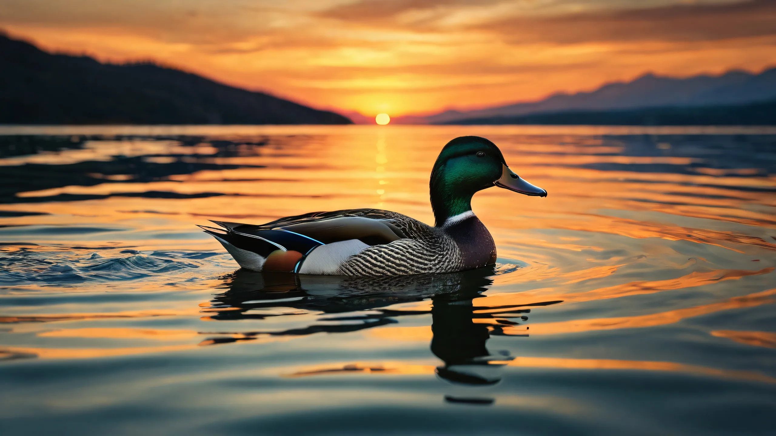 A serene desktop image of a duck in water, set against the backdrop of a breathtaking sunset over calm waters and clouds, suitable for desktop/PC use.