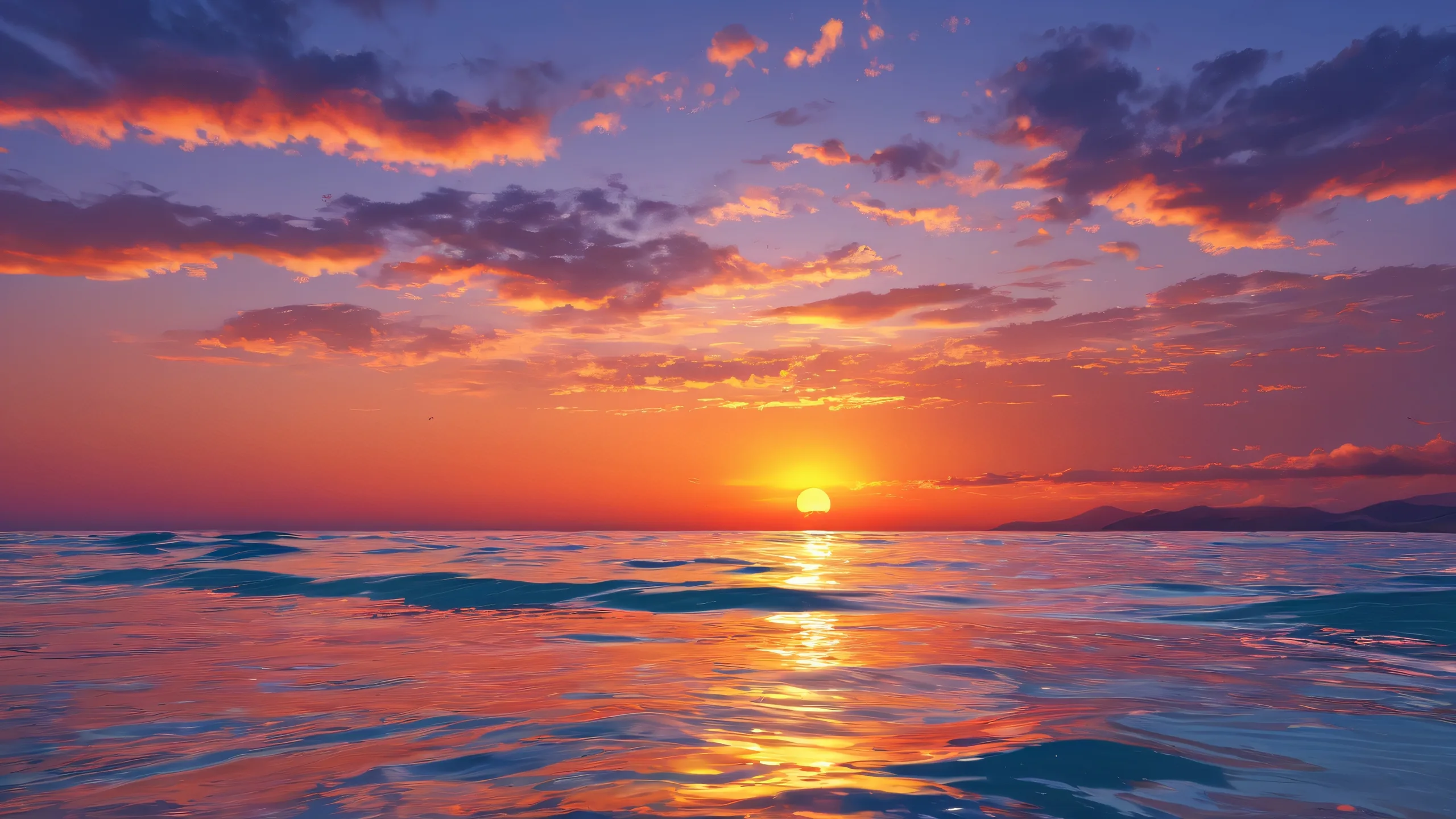 Ethereal sunset landscape on a pure void background for Desktop/PC, with perfect depth of field and ray-traced reflections