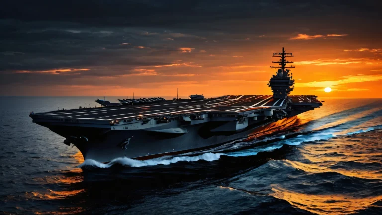 Desktop/PC screenshot of aircraft carrier at sunset with deep black and orange hues, perfect for minimalist aesthetics.