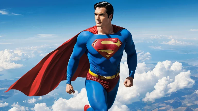 Award-winning digital art of Superman on a pure void desktop background with endless blue sky and ethereal lighting, suitable for Desktop/PC.