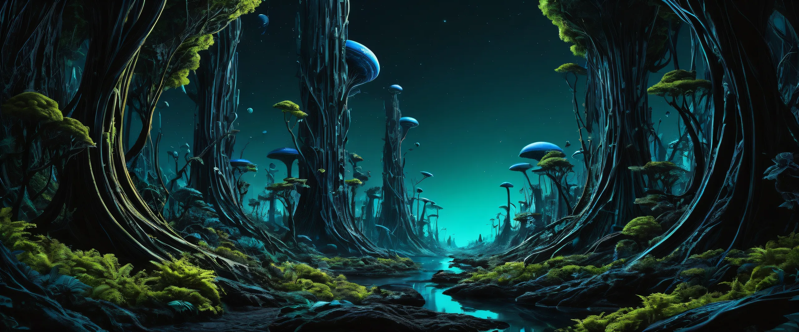 Breathtaking desktop wallpaper of an alien forest on a Desktop/PC. Perfectly clean and pristine with intricate details and textures.
