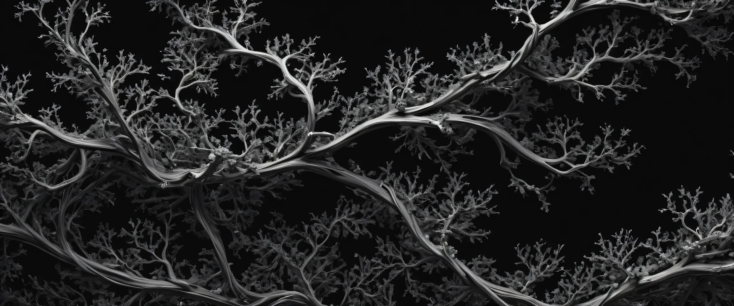 A desktop wallpaper featuring Dendrite Vines in a vast pure void with extreme depth of field, perfect for Desktop/PC screens.