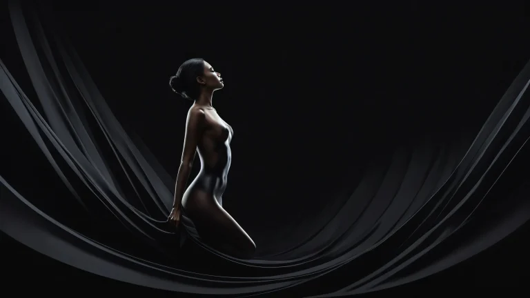 Award-winning digital art of a female figure floating in a vast pure void on a dark mode desktop/pc screen, perfect for those who appreciate surrealism and stunning visual impact.