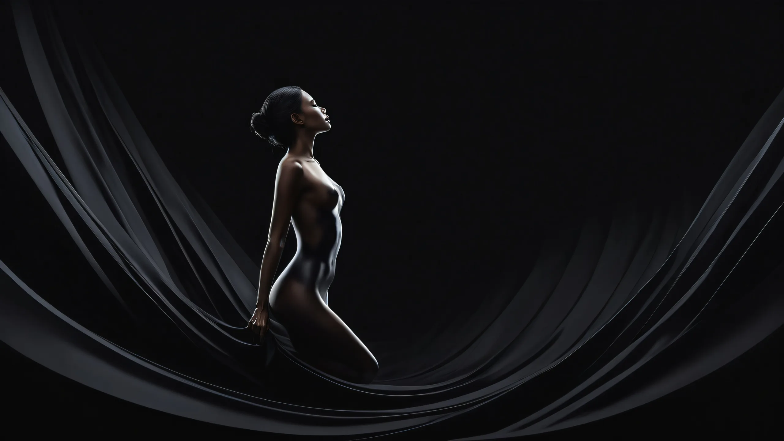 Ultra HD Surreal Darkness Unfolds Wallpaper Award-winning digital art of a female figure floating in a vast pure void on a dark mode desktop/pc screen, perfect for those who appreciate surrealism and stunning visual impact.
