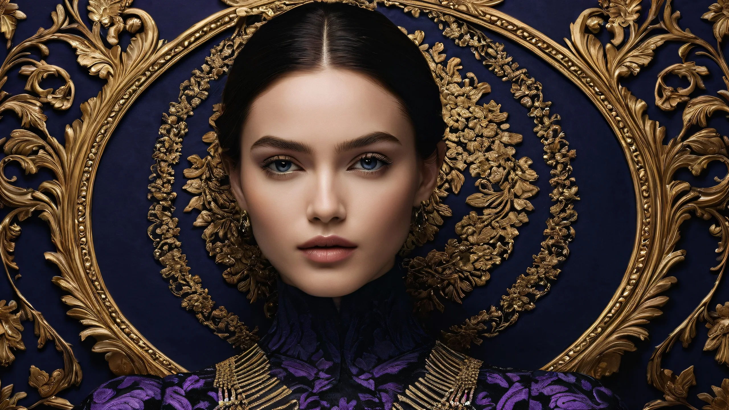 Award-winning digital art of a portrait woman on a dark mode desktop/pc with extreme depth of field, perfect blacks and rich jewel tones.