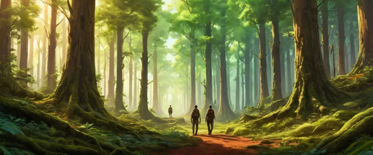 Men standing in a forest with towering trees on a pristine void background for desktop/pc use.