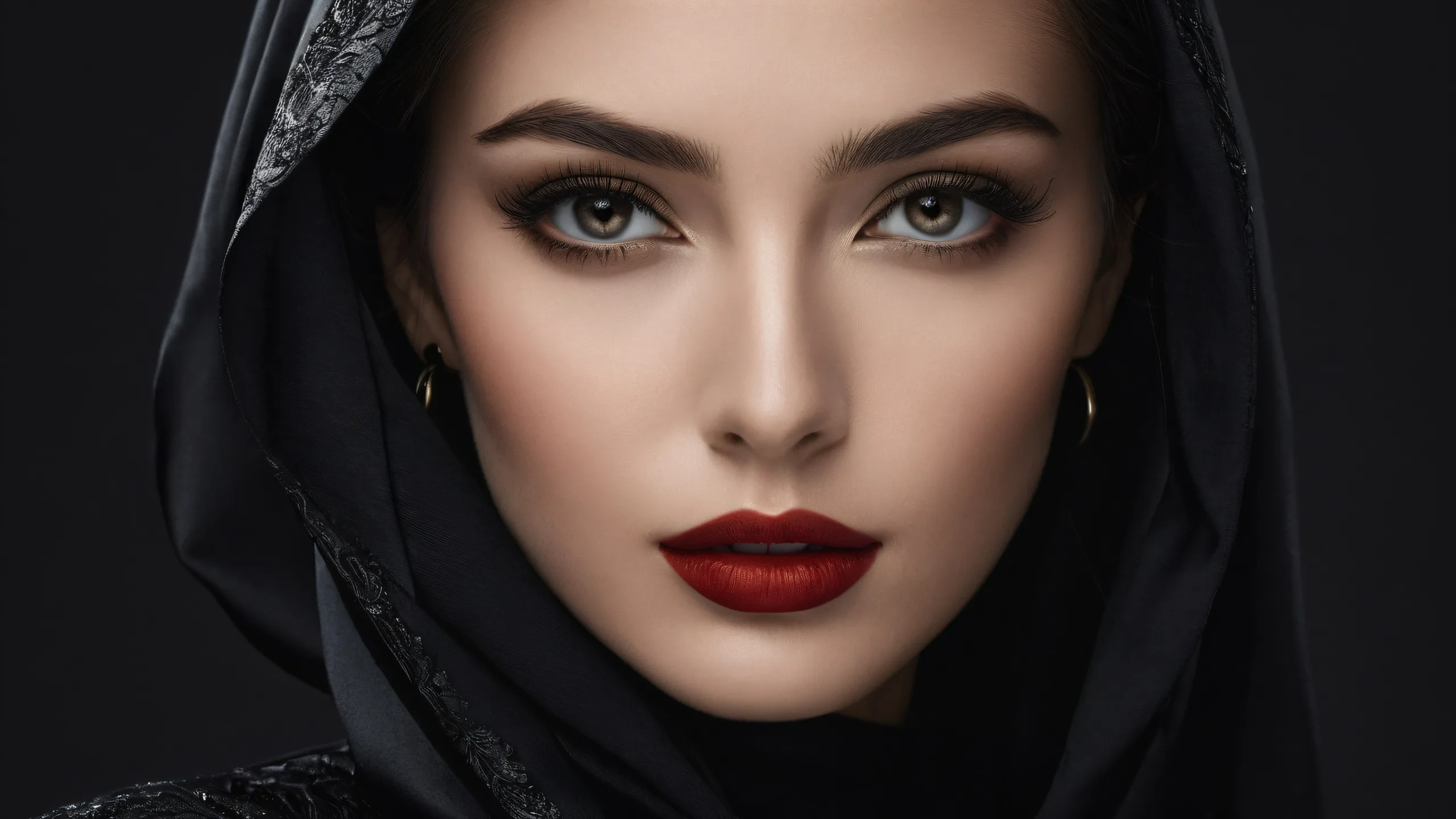 Portrait of a woman against a vast pure void background on a desktop/PC screen, with extreme depth of field emphasizing grandeur.