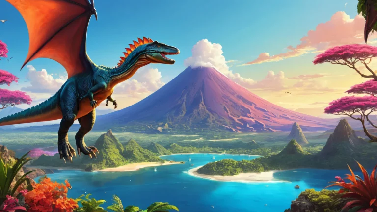 A prehistoric desktop landscape featuring a pteranodon soaring above a volcanic jungle, perfect for PC or Mac.