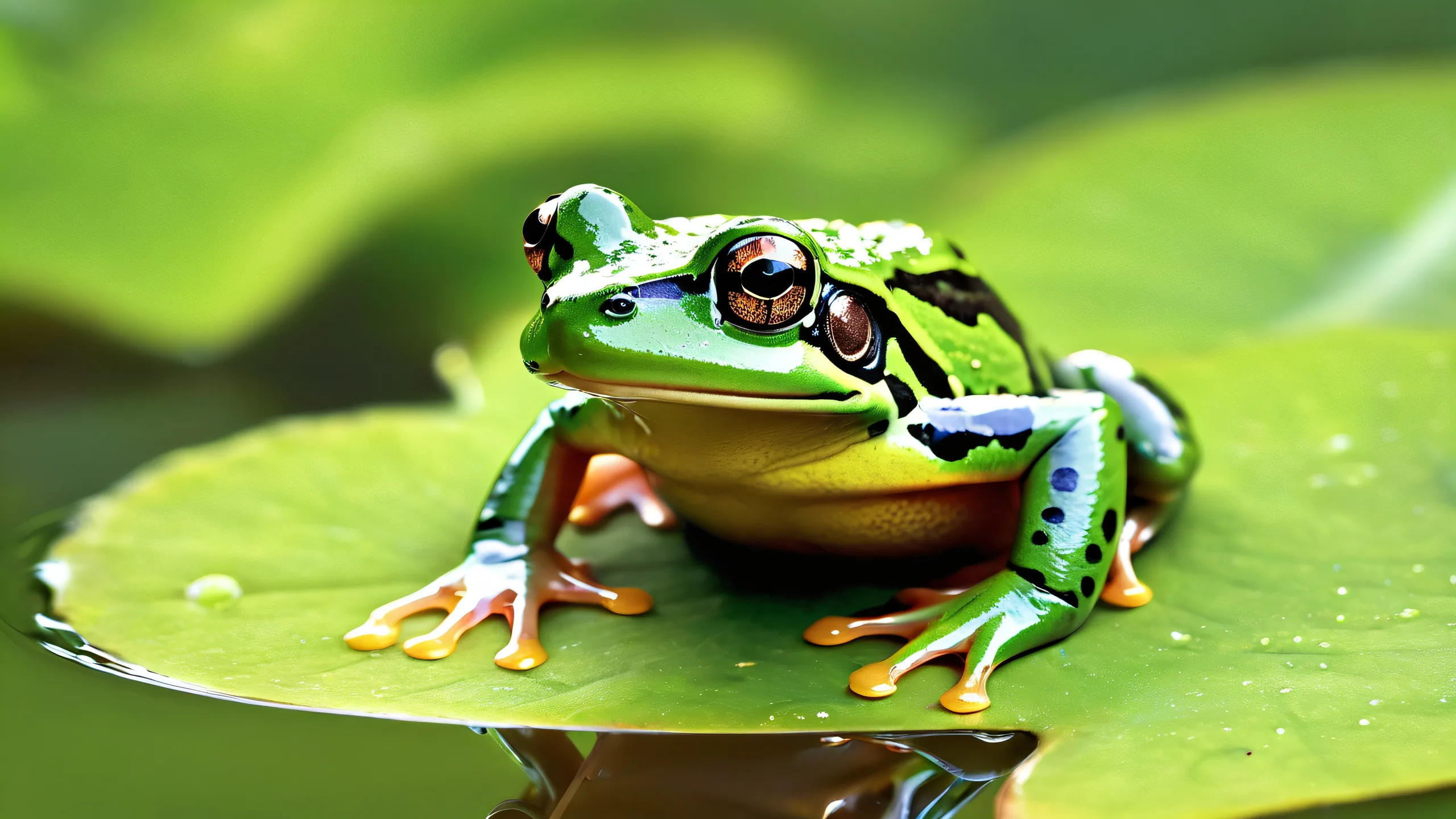 Surreal Serenity 4K UHD Wallpaper A serene desktop scene featuring a frog in a vast, pure void with realistic water reflections and ethereal lighting.