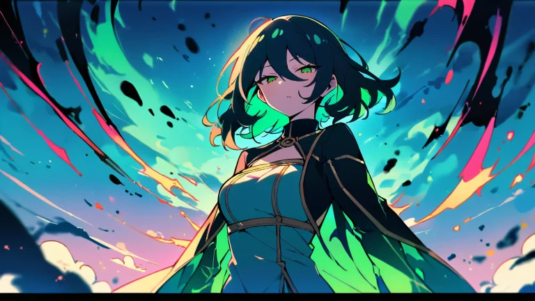 A solo anime girl from Spy X Family gazes out at the viewer on a perfectly clean and vast pure void desktop background, featuring deep blues and electric greens, with extreme depth of field.