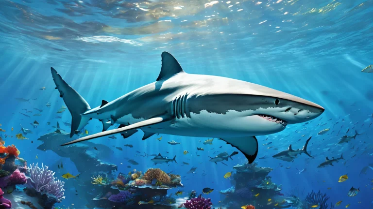 A breathtaking desktop wallpaper featuring a shark in a vast pure void with extreme depth of field, デスクトップ/PCに最適