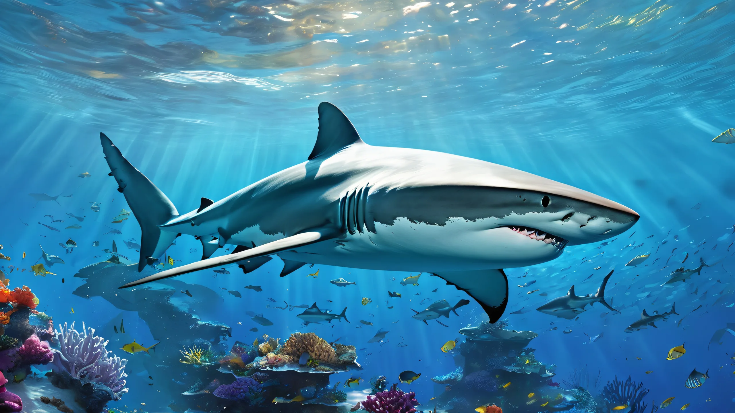 A breathtaking desktop wallpaper featuring a shark in a vast pure void with extreme depth of field, perfect for your Desktop/PC