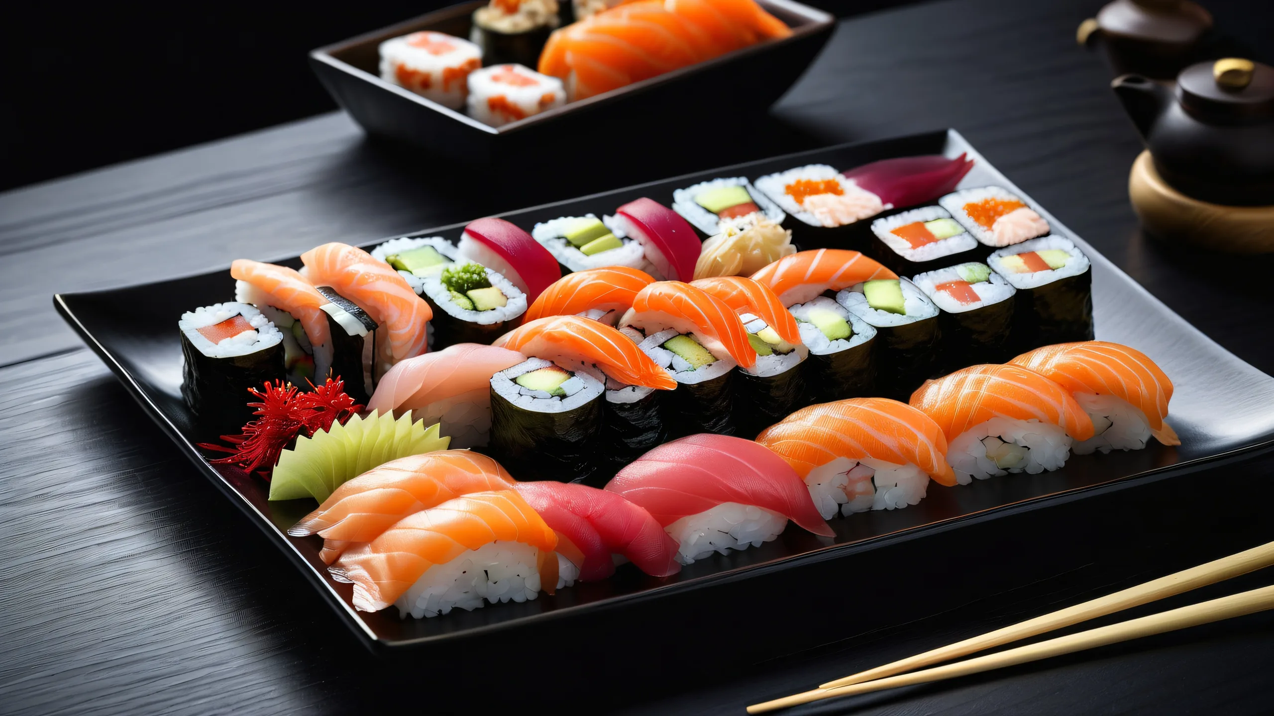Epic Sushi Oasis in Dark Mode Desktop Wallpaper A visually stunning sushi platter on a dark desktop/PC background.