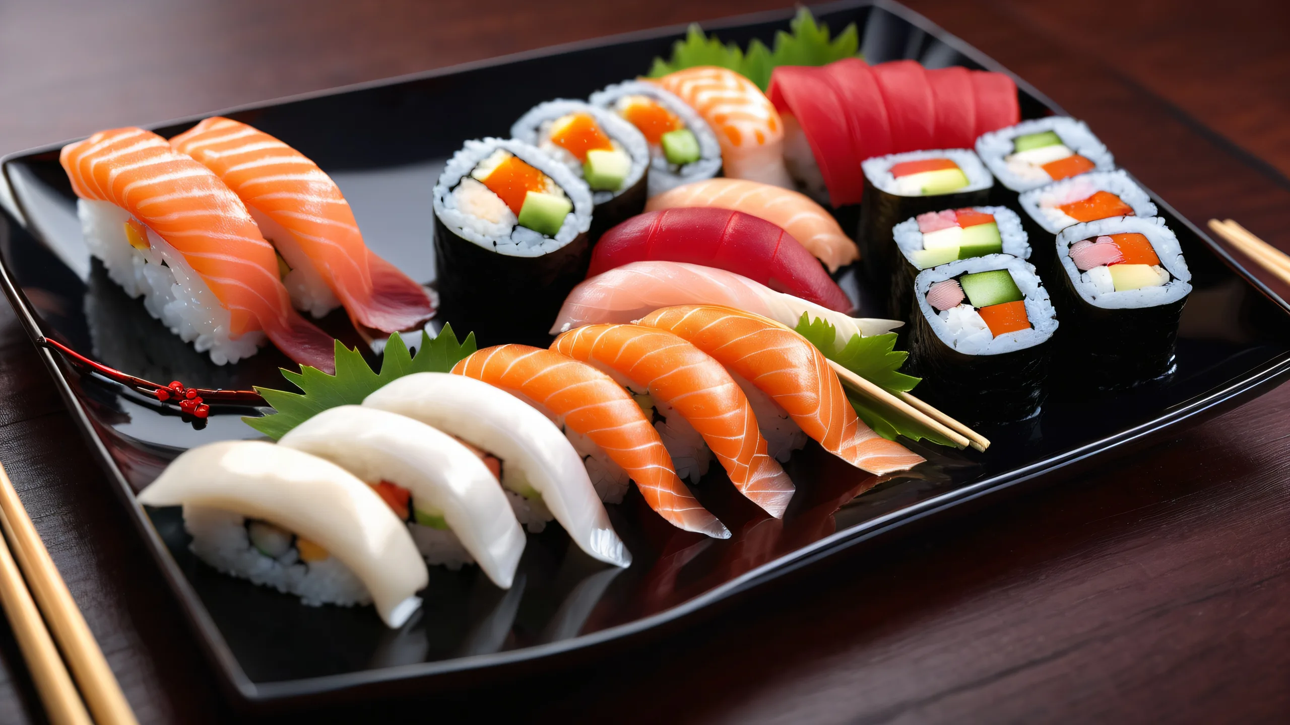 4K Elegant Sushi Oasis Desktop Background A stunning sushi platter desktop image for PC or Desktop use, with a vast pure void background and sleek dark mode aesthetic. Perfect for Apple macOS users.