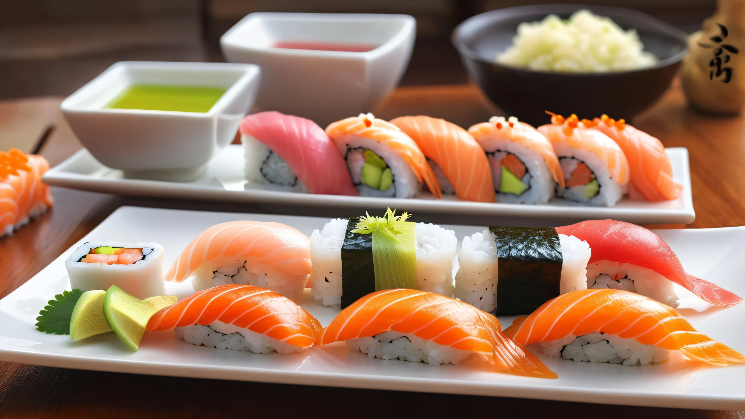 A stunning desktop wallpaper featuring a sushi platter on a vast pure void, perfect for use on Desktop/PC.