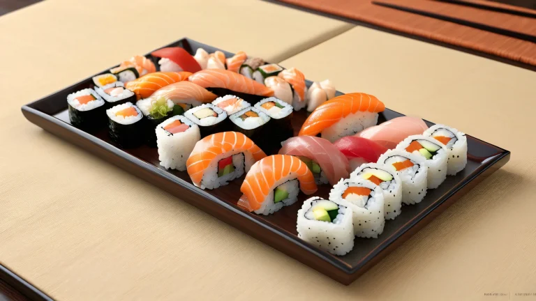 A serene and clean sushi platter on a vast pure void background for your desktop/PC, perfect for those who crave culinary delights.