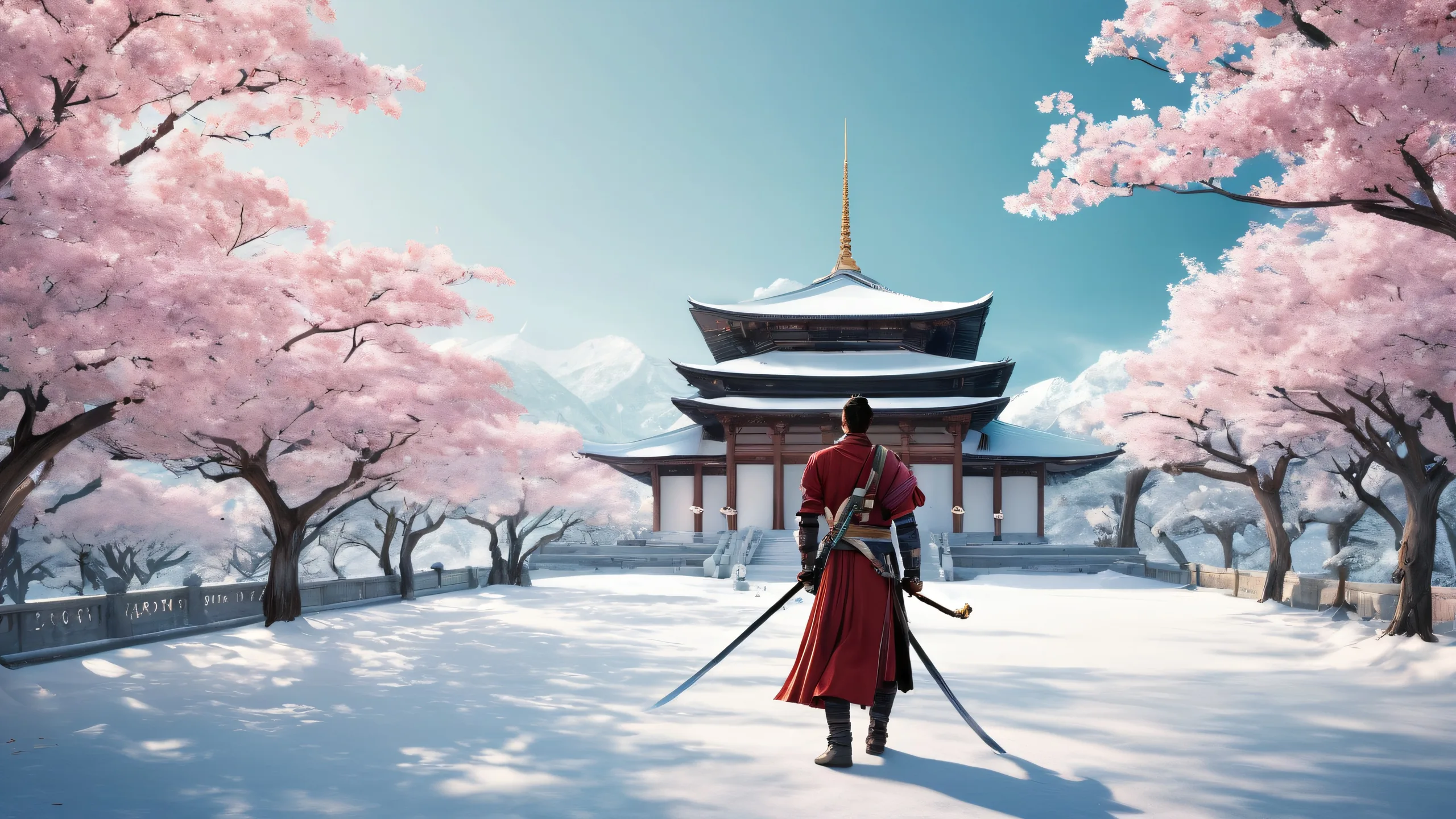 4K Swordsmen in Vast Ethereal Depths Desktop Background Men with swords standing amidst a vast pure void, with temple and trees in the background, suitable for desktop/pc