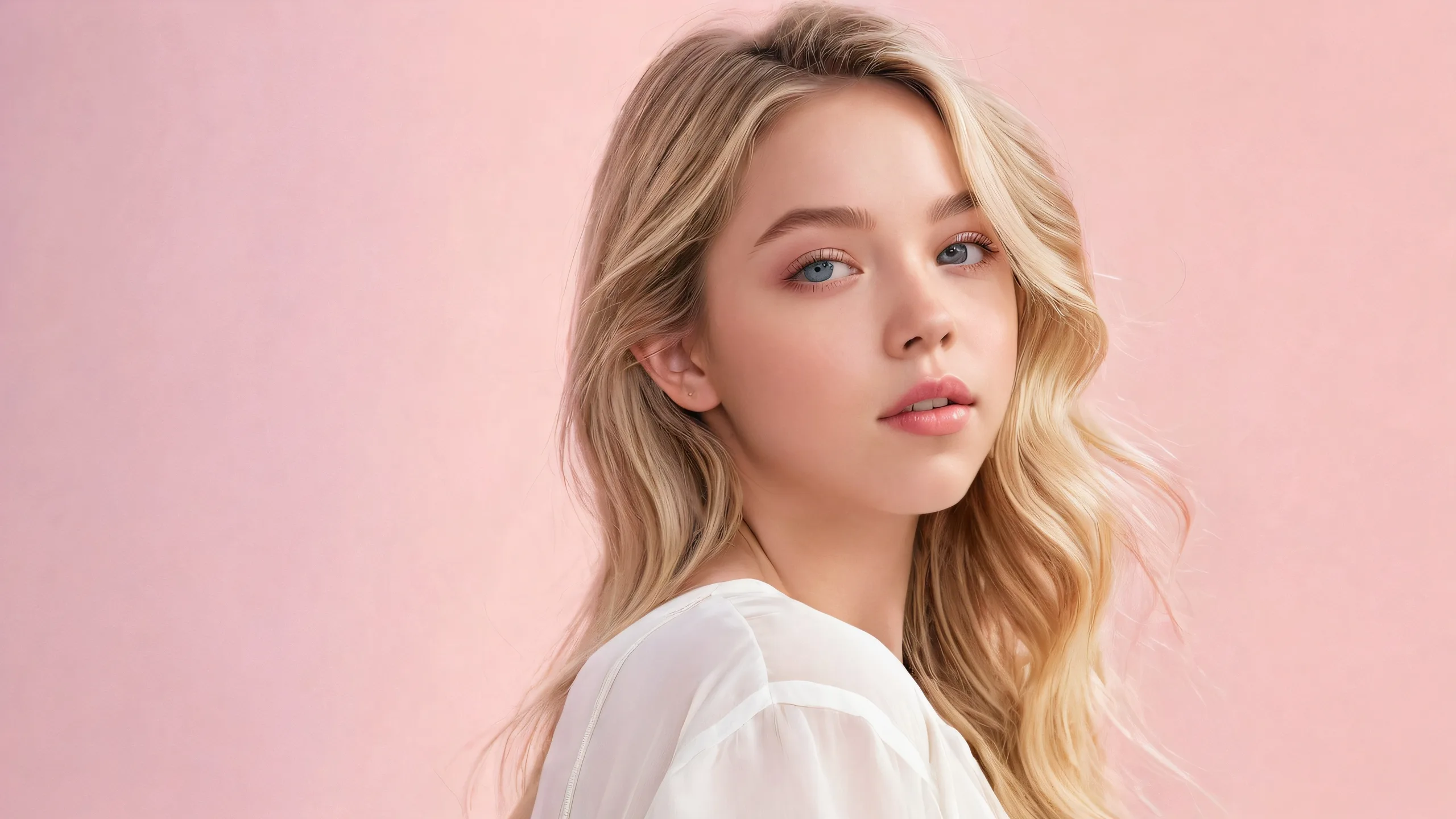 Stunning Ethereal Glow of Perfection Wallpaper Portrait of Sydney Sweeney on a pure void background with ethereal lighting and exquisite digital art, suitable for desktop/pc users