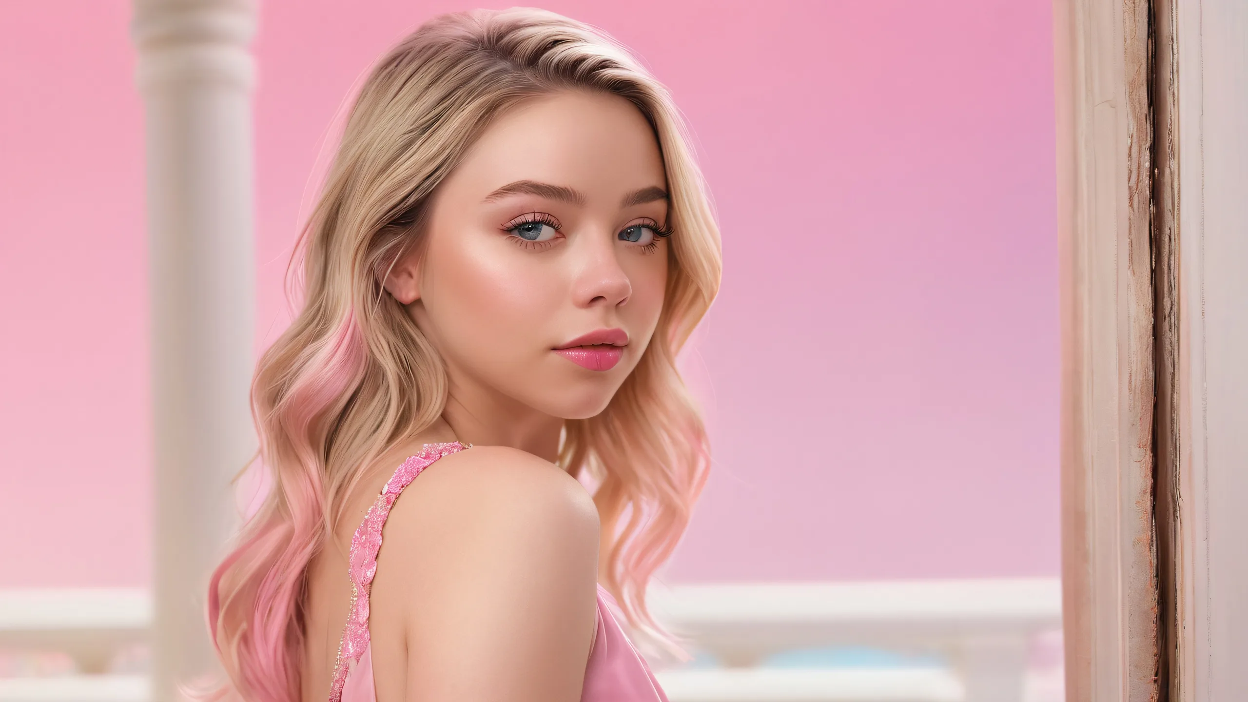 Breathtaking desktop wallpaper of Sydney Sweeney against a pure void background with ethereal lighting, perfect for desktops and PCs.