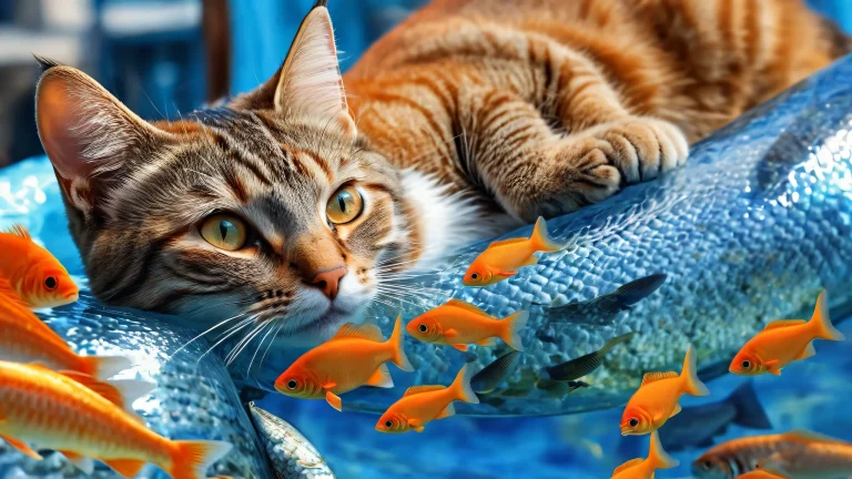 A tabby cat with fish against a pristine pure void, parfait pour votre ordinateur de bureau ou PC.
