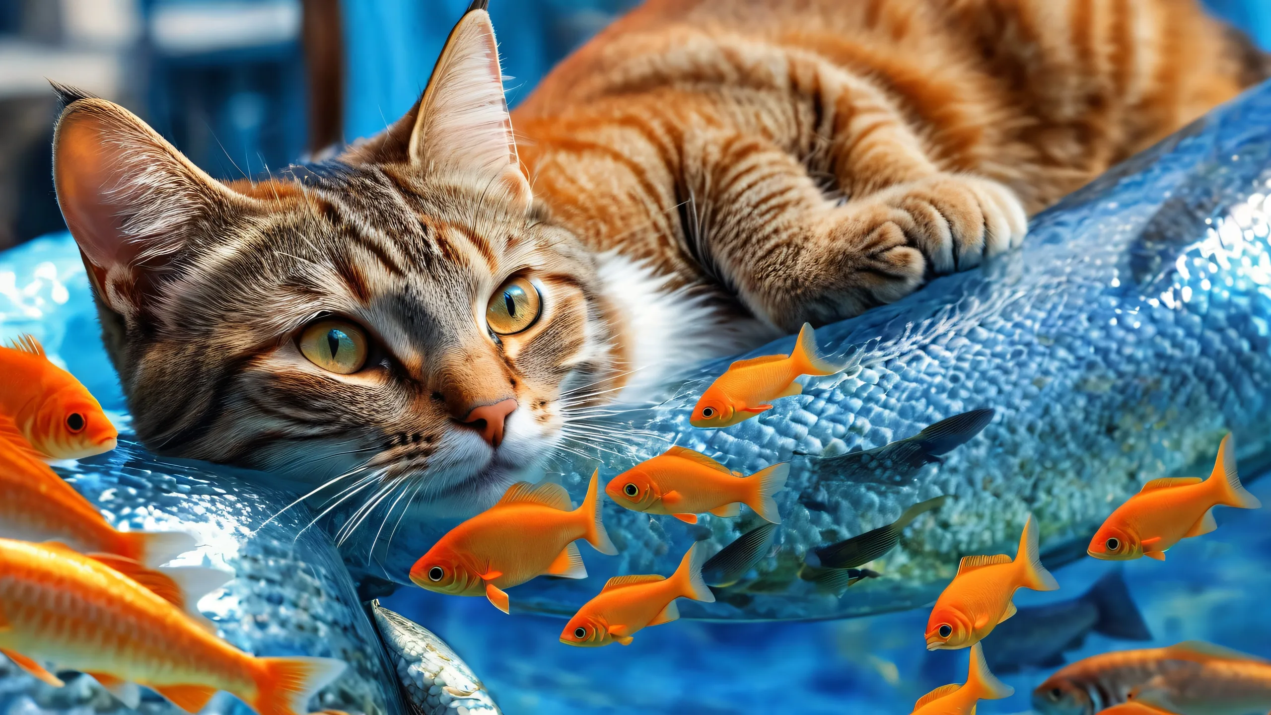 A tabby cat with fish against a pristine pure void, perfect for your desktop or PC.