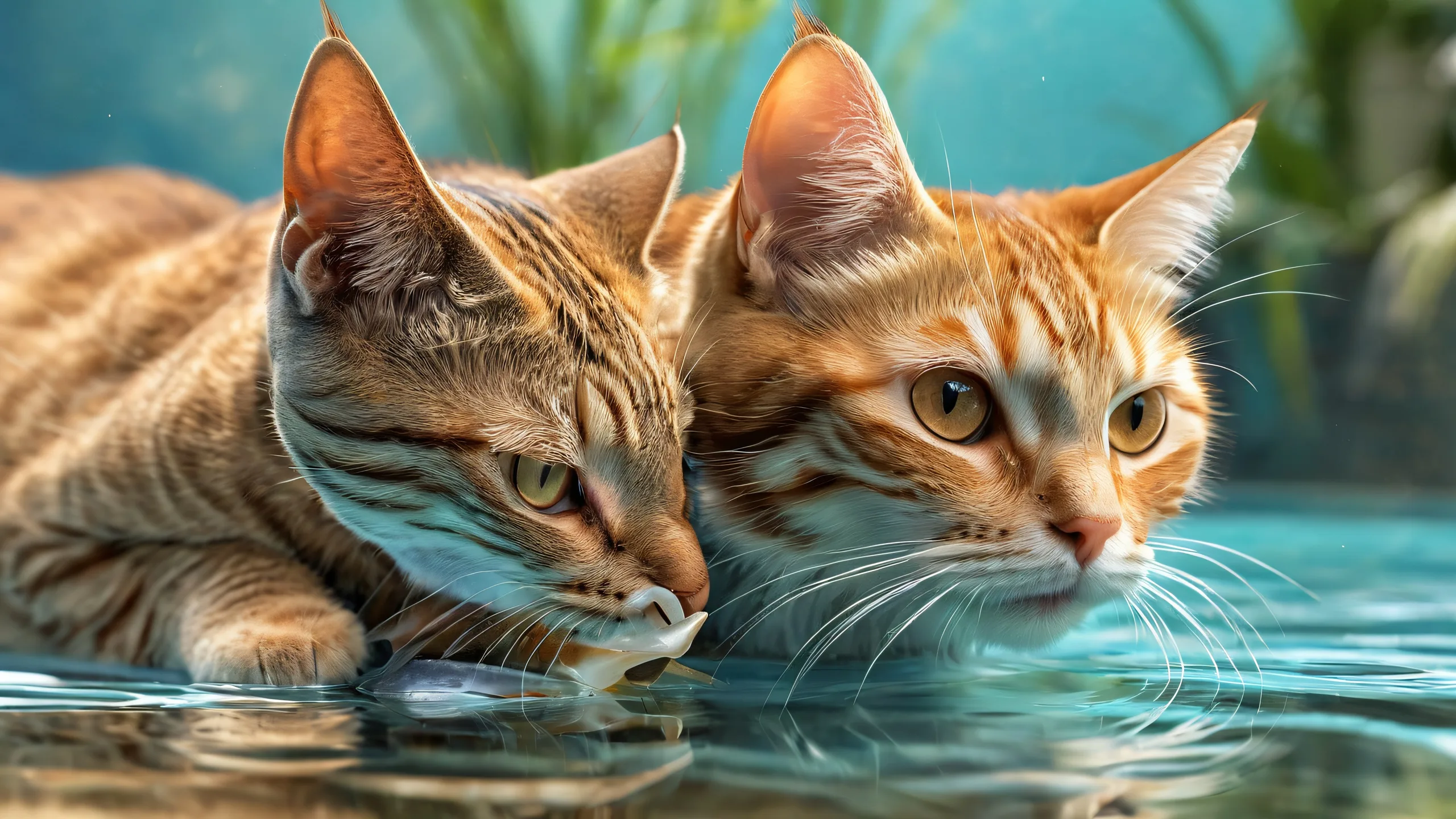 A beautiful Tabby cat with fish on a clean vast pure void desktop wallpaper for PC or Desktop, perfect for screen savers and macOS backgrounds.