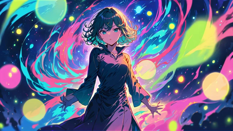 A stunning anime illustration of Tatsumaki from One Punch Man on a perfectly clean vast pure void background with vibrant shades of blue, green, and pink, suitable for Desktop/PC.