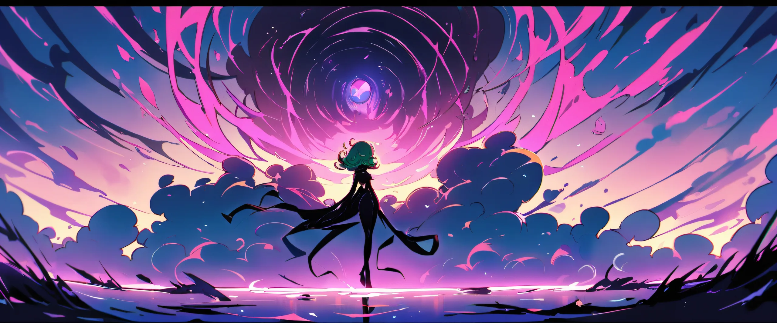 A stunning anime-inspired desktop background featuring Tatsumaki gazing directly at the viewer on a perfectly clean vast pure void with extreme depth of field, set against a beautiful bright and airy sky with vivid colors.