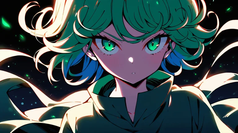 A serene anime-inspired desktop scene featuring Tatsumaki looking directly at the viewer against a clean, pure void background with a deep depth of field.
