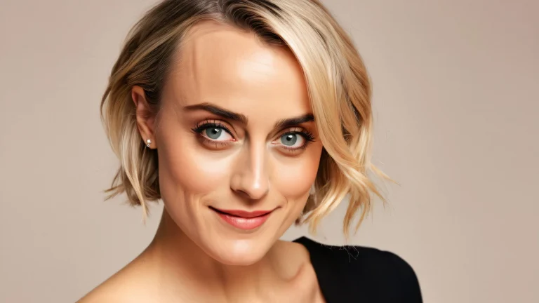 Taylor Schilling with a warm smile on a dark background, suitable for desktop/pc screens.