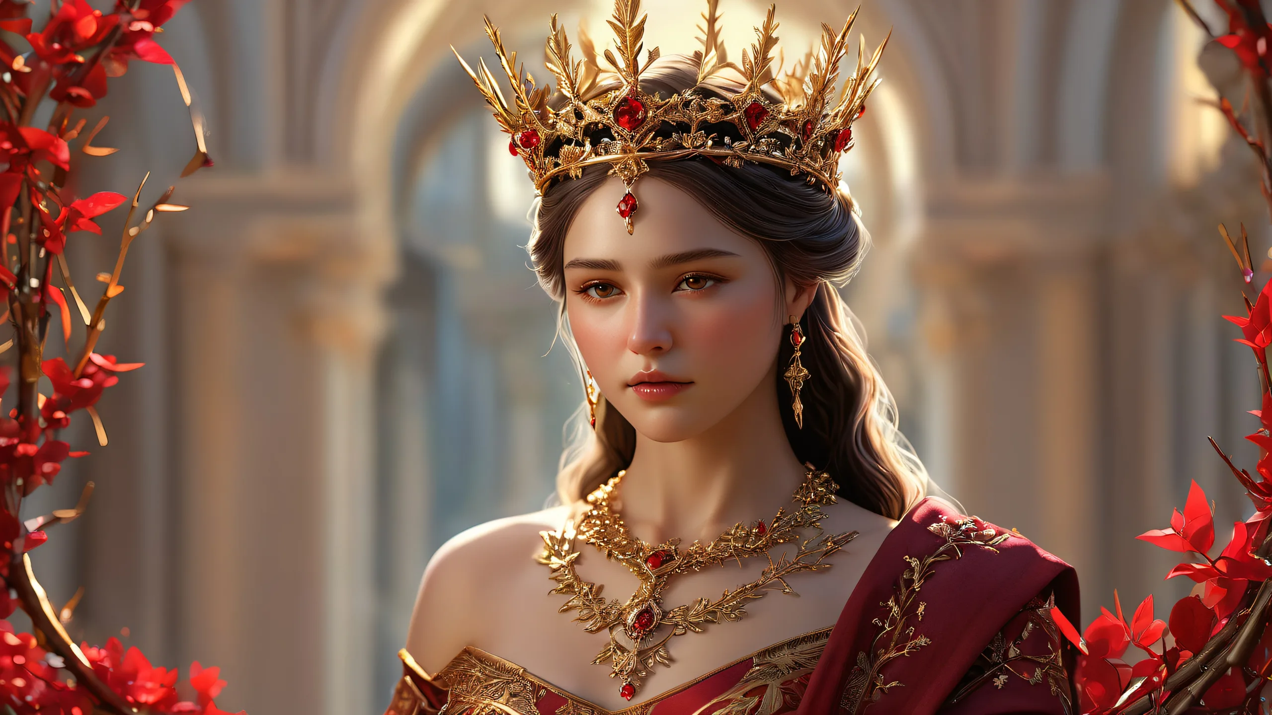 Thorned Crown in Crimson Depths 4K UHD Wallpaper A majestic crown made of thorns sits atop a figure in a dimly lit vast pure void, perfect for your desktop/pc.