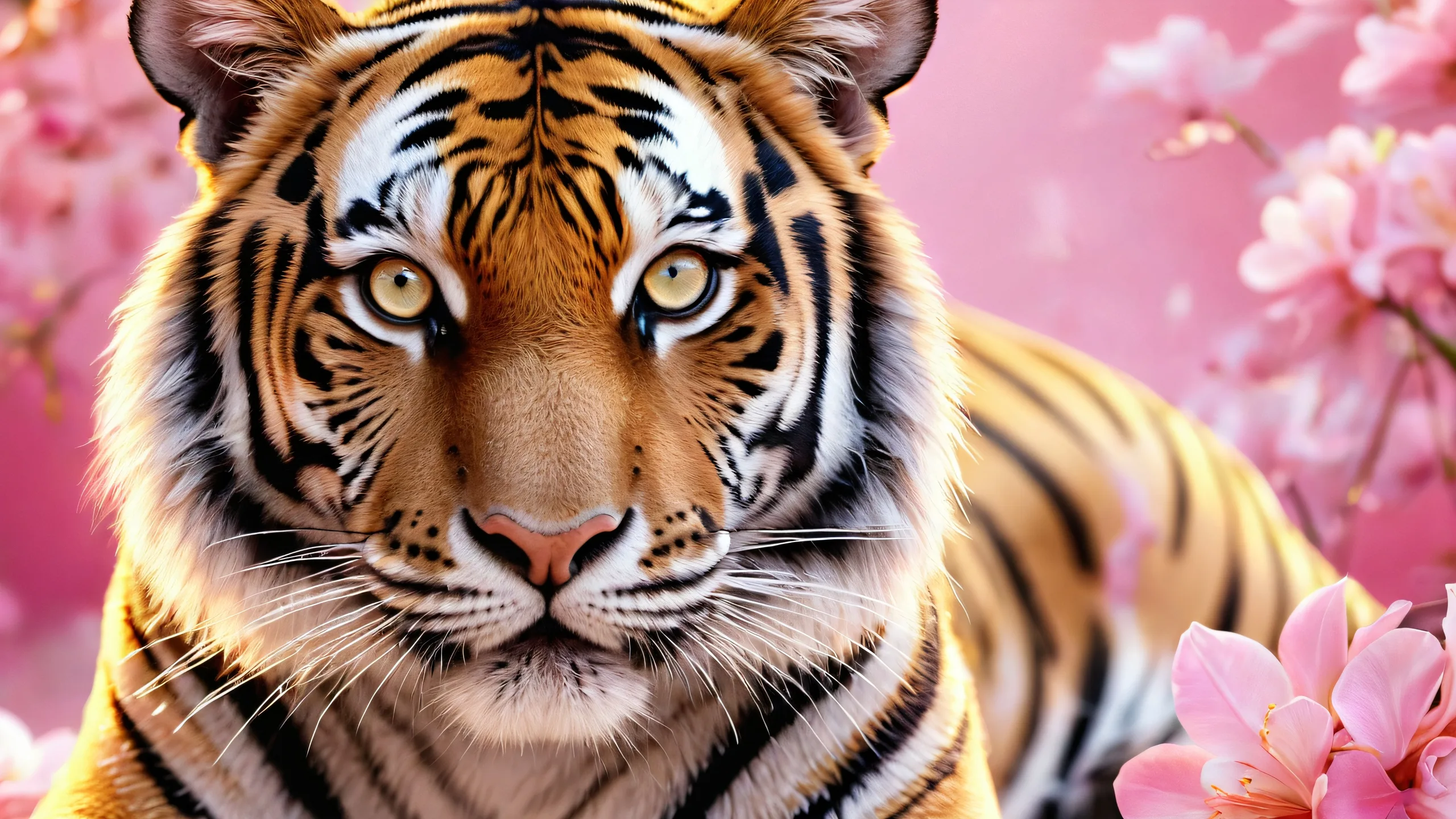 Tiger Girl in a pure void with golden light and ray-traced reflections for desktop/pc use.