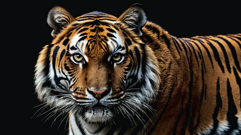 A majestic tiger stands alone in a vast, dark void with deep blacks and striking contrast, parfait pour un ordinateur de bureau ou un PC.
