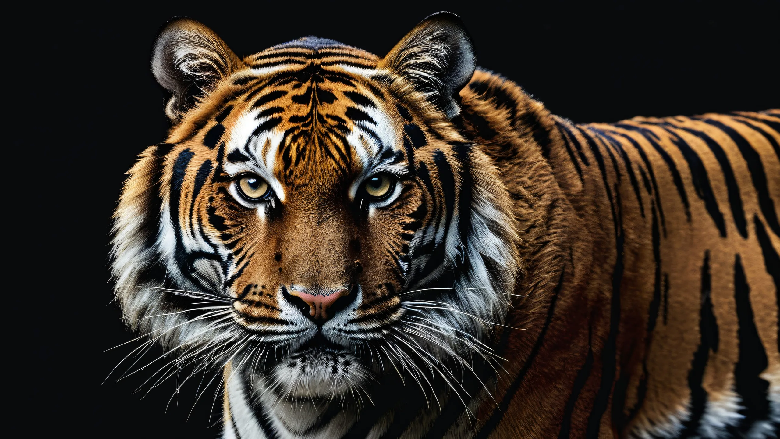 A majestic tiger stands alone in a vast, dark void with deep blacks and striking contrast, perfect for a desktop or PC.