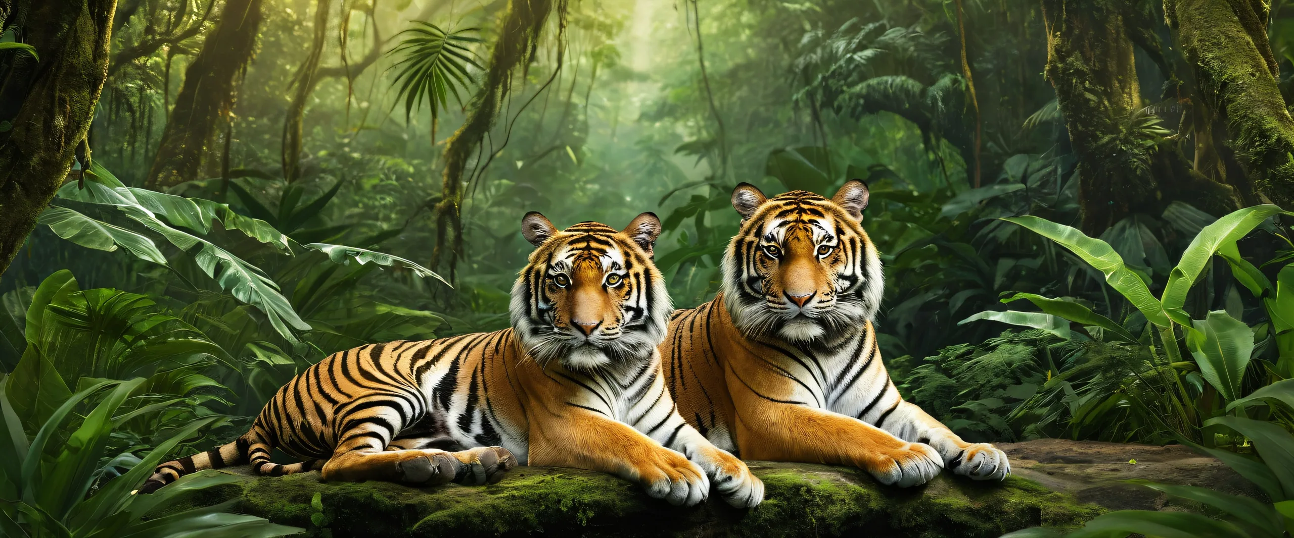 A majestic tiger set against a stunning jungle backdrop on a desktop or PC. Perfect composition and ethereal lighting.
