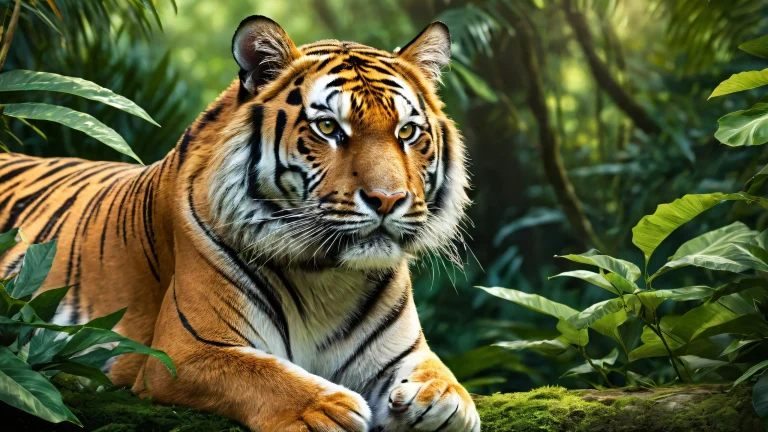A majestic tiger amidst a lush jungle landscape on a desktop/pc background.