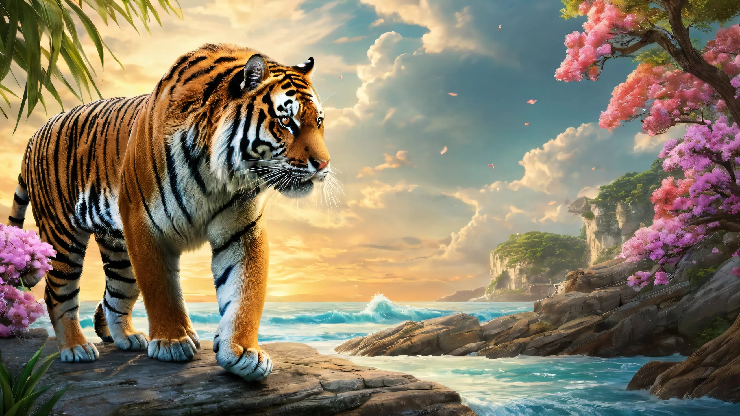 A majestic tiger standing in a vast, pure void with ethereal lighting and radiant colors.
