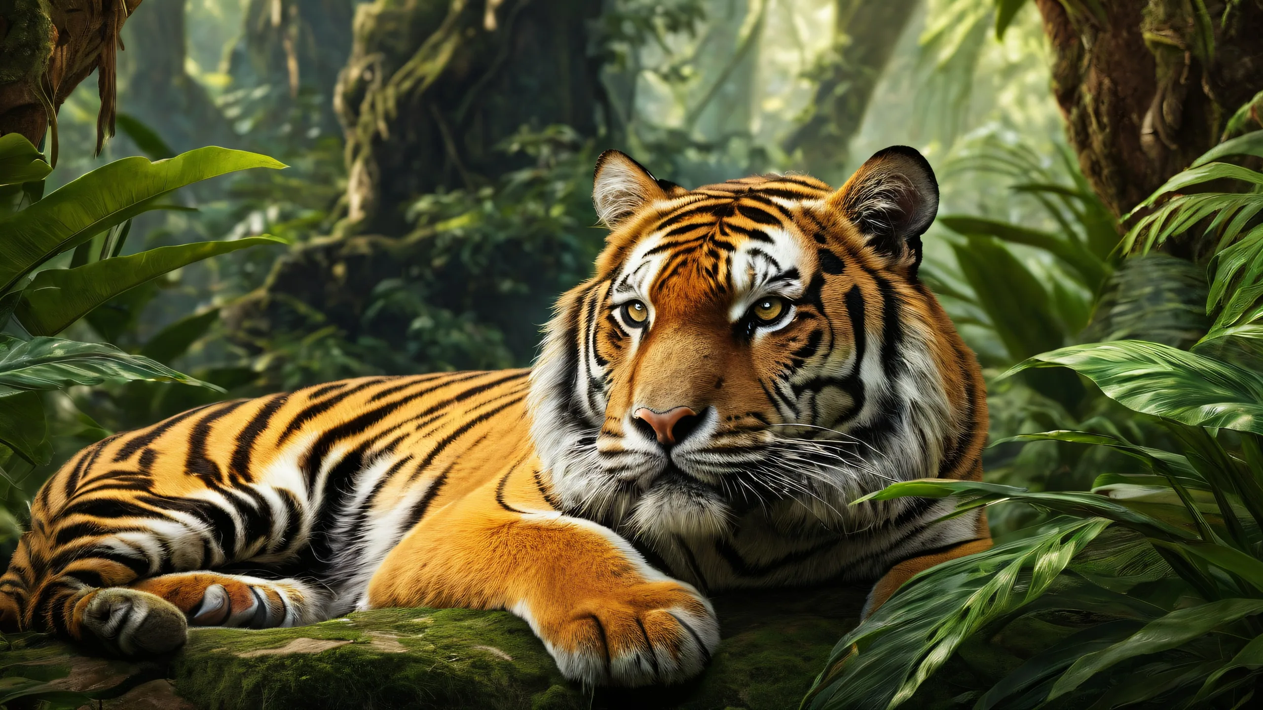 A serene and breathtaking desktop wallpaper of a tiger's eye, featuring a vast pure void with natural jungle atmosphere and soft lighting filtering through foliage, ideal for use on Desktop/PC.