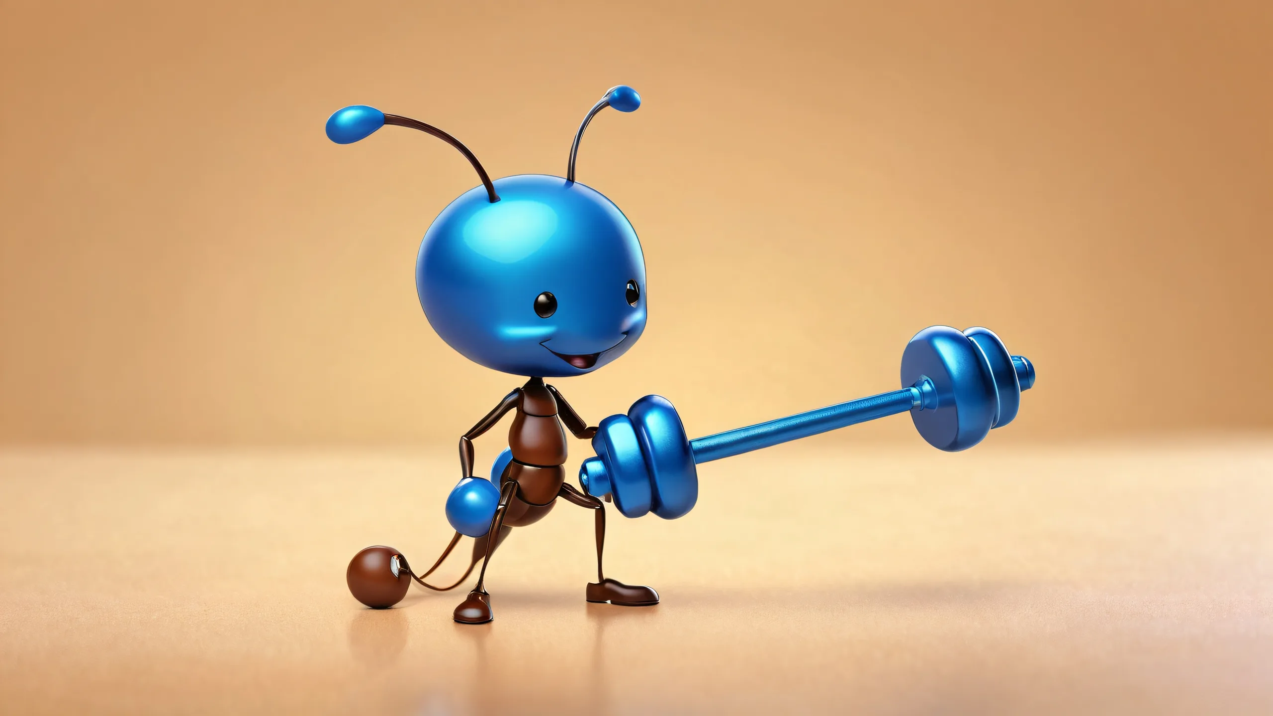 Ant Lifting Tiny Dumbbell on a pristine desktop/pc background with perfect composition and hilarious detail.