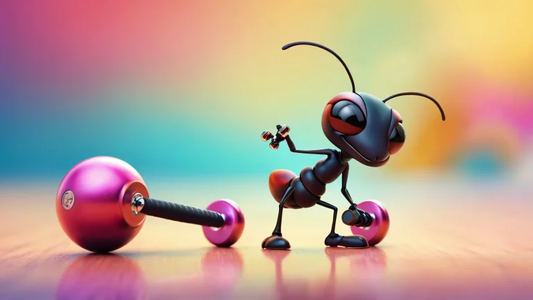 Ant Lifting Tiny Dumbbell on a pristine pure void desktop background, adapté pour ordinateur de bureau/PC