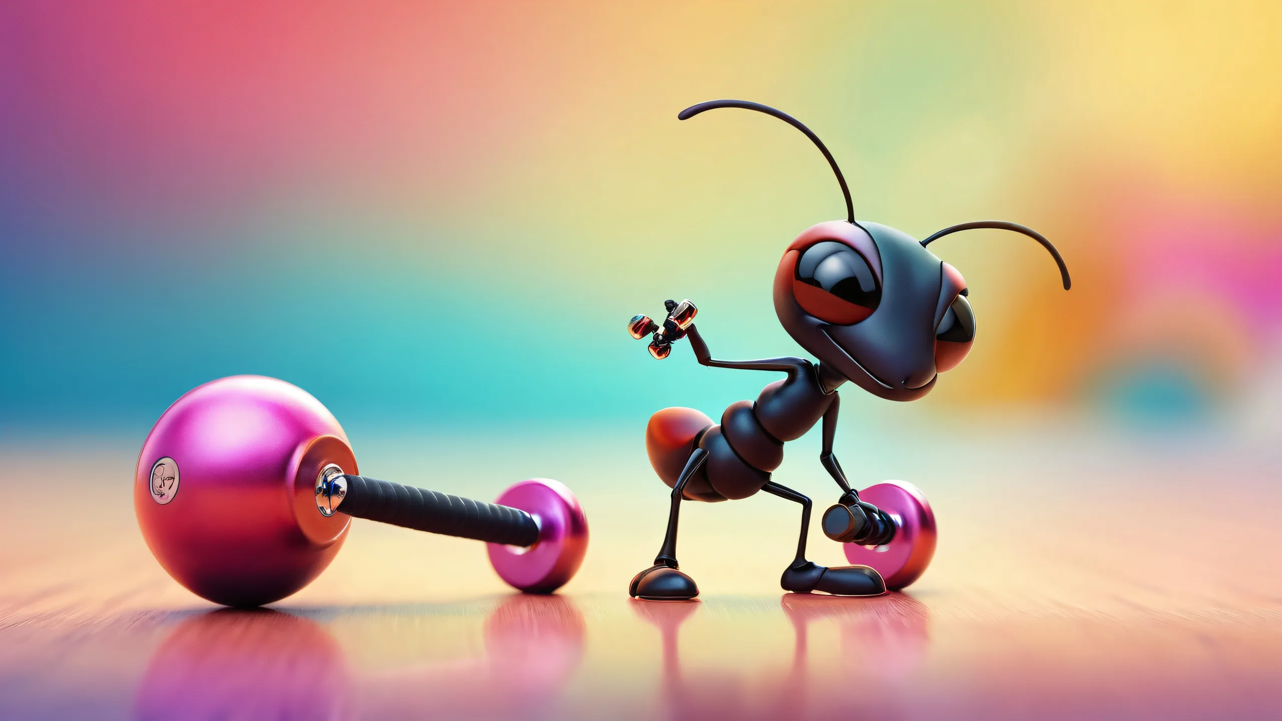 Ant Lifting Tiny Dumbbell on a pristine pure void desktop background, suitable for Desktop/PC