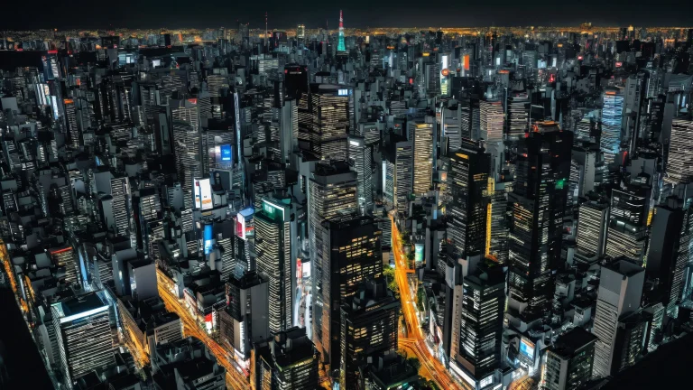 Beautiful Tokyo cityscape at night for desktop/pc use with dark mode aesthetic and deep contrast.
