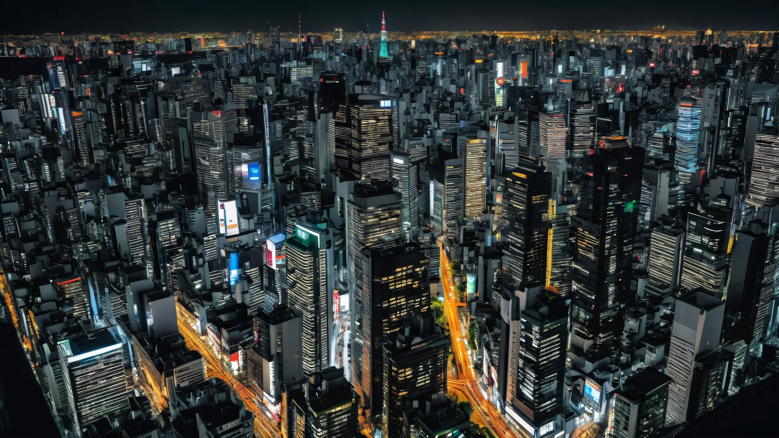 Beautiful Tokyo cityscape at night for desktop/pc use with dark mode aesthetic and deep contrast.